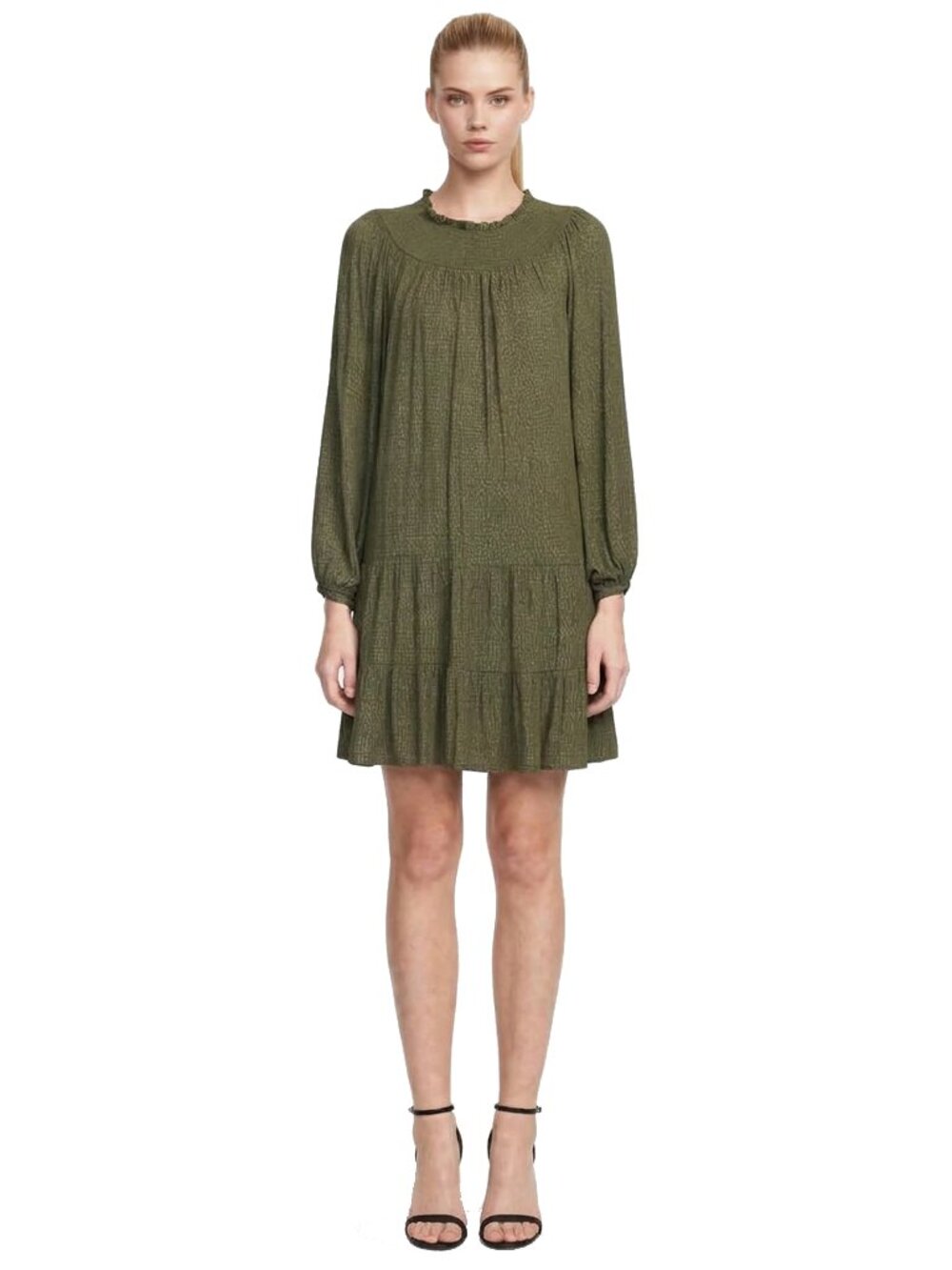 LOFT Fresh Ivy Swing Dress Yoke Smocked Neckline Olive Green Ruffled Tiered NWT